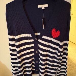 LOFT Navy and White Striped Sweater with Red Heart